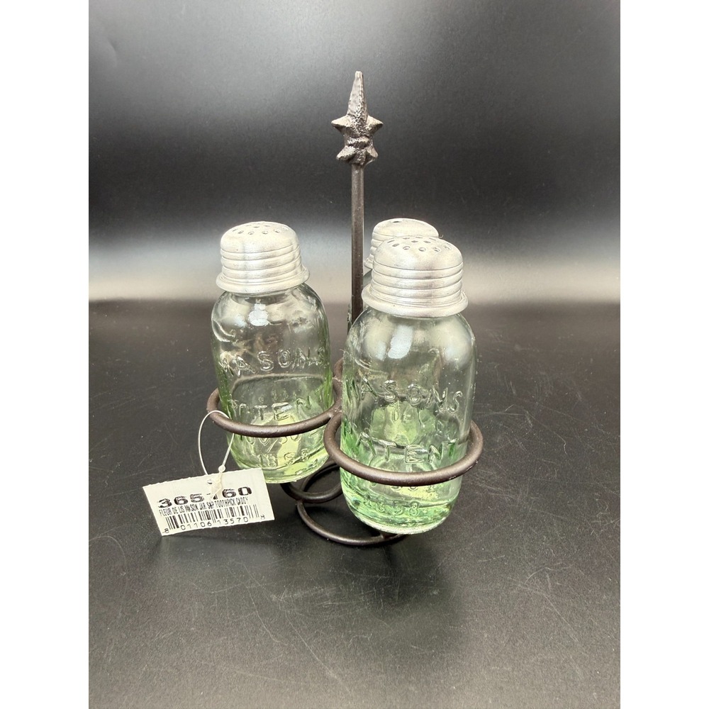 Mason Fruit Canning Jar BARN STAR Salt Pepper and Toothpick Shakers Caddy Holder